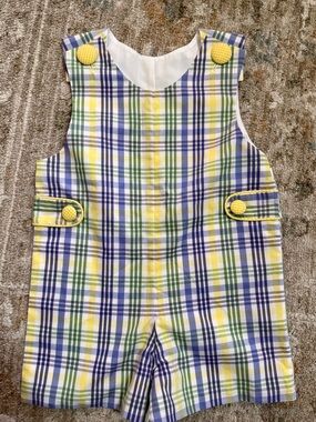 TRUE Children's Yellow, Blue & Green Plaid Romper